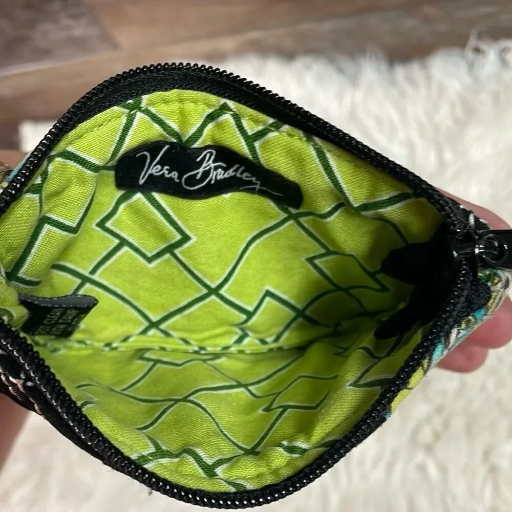VERA BRADLEY Coin Purse Keychain Quilted Floral Zip Closure Black Multicolor 3”